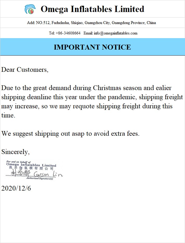 Important Notice of Shipping Freight
