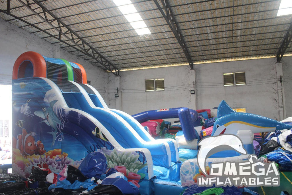 18FT Ocean Commercial Inflatable Wet Dry Slide with pool - Omega Inflatables Factory